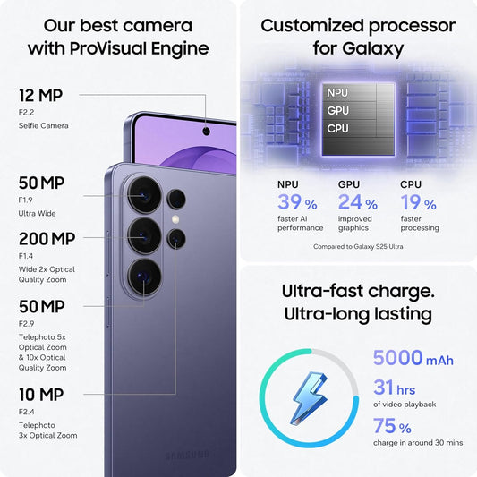 Samsung Galaxy S26 Ultra 5G (Black, 12GB RAM, 256GB Storage) with Built-in Privacy Display, AI Phone, Photo Assist, Creative Studio, 200MP Camera, 5000mAh Battery and Snapdragon 8 Elite Gen 5