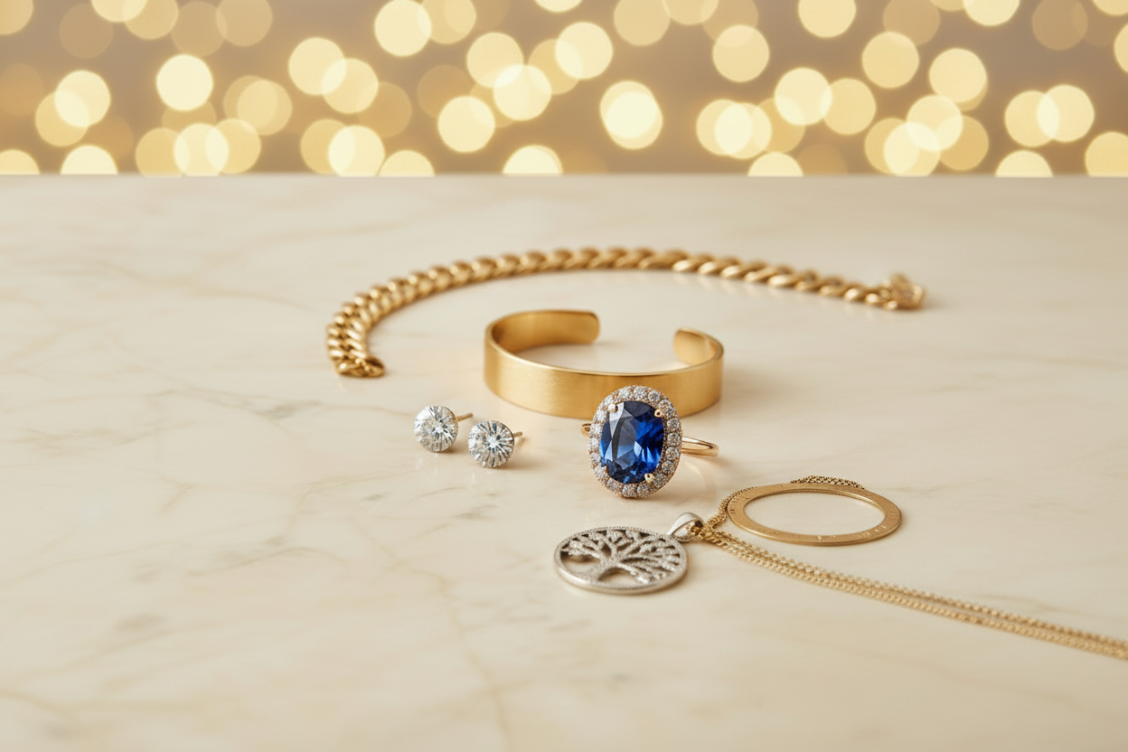 A styled flat-lay of gold and silver jewelry on a light marble surface with a warm golden bokeh background. The jewelry set includes a gold cuff bracelet, a gold ring with a blue gemstone surrounded by clear stones, a pair of silver stud earrings, and a silver tree-of-life pendant.
can you bring that image in centre